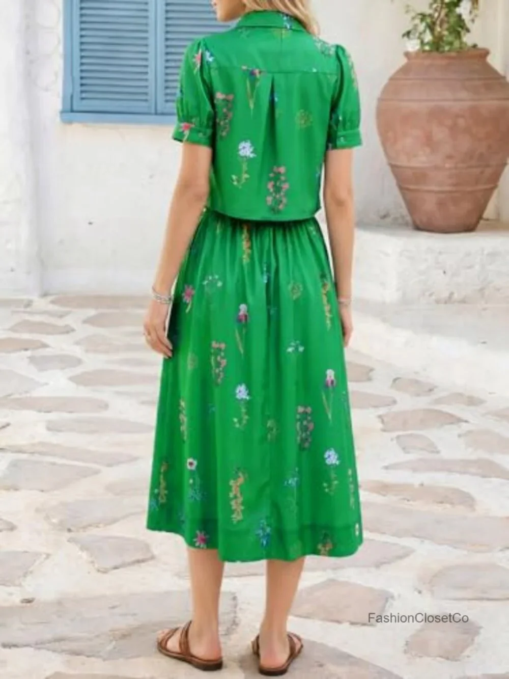 Women's 2 Piece Floral Skirt Set Puff Sleeve Blouse Elastic Waist Matching Set